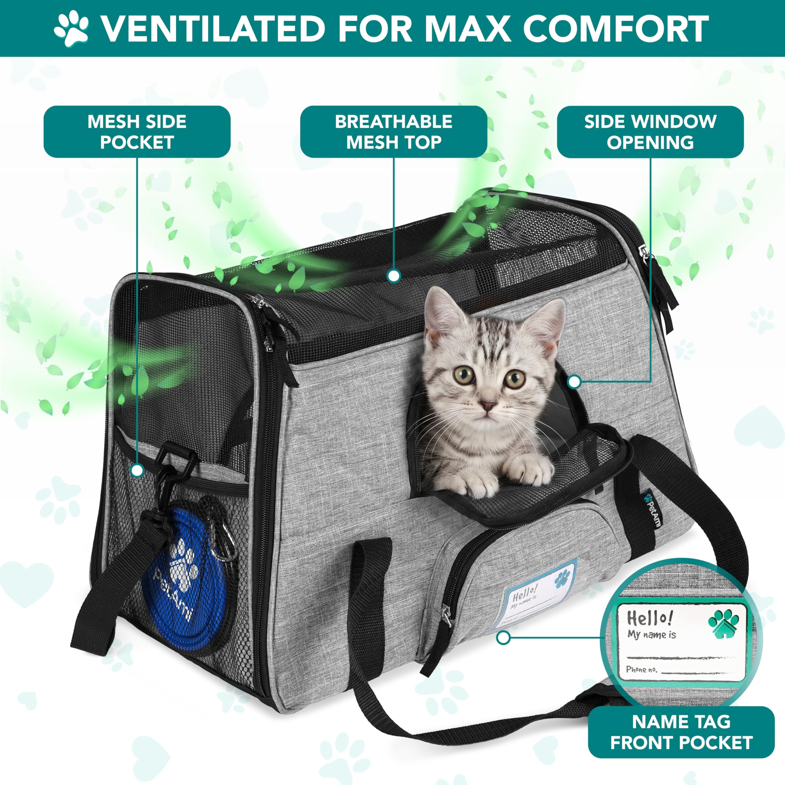 PetAmi Soft Sided Pet Carrier for Cats & Small Dogs, Airline Approved, 17 x 10.2 x 11.2 inches, Heather Gray, Up to 18 lbs