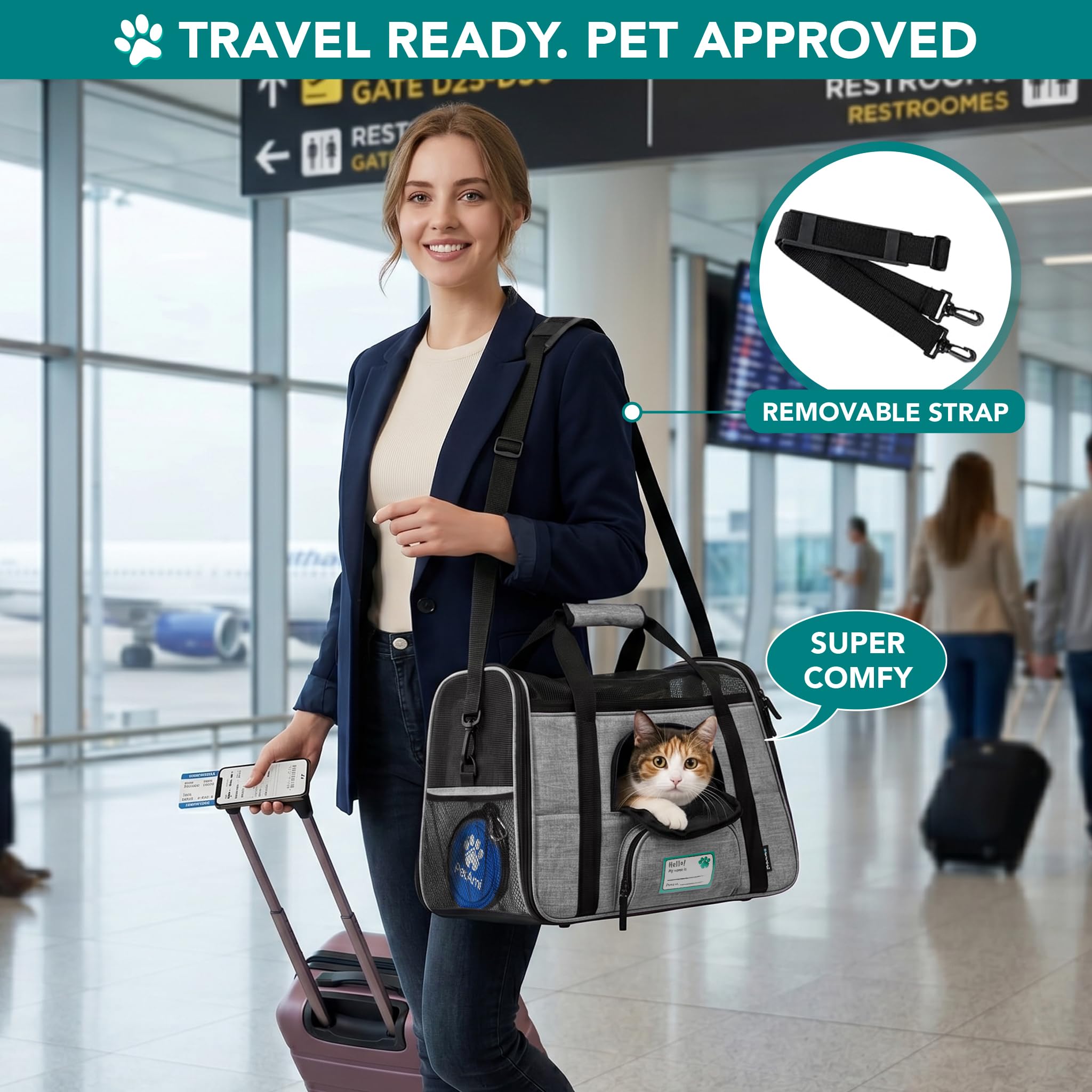 PetAmi Soft Sided Pet Carrier for Cats & Small Dogs, Airline Approved, 17 x 10.2 x 11.2 inches, Heather Gray, Up to 18 lbs