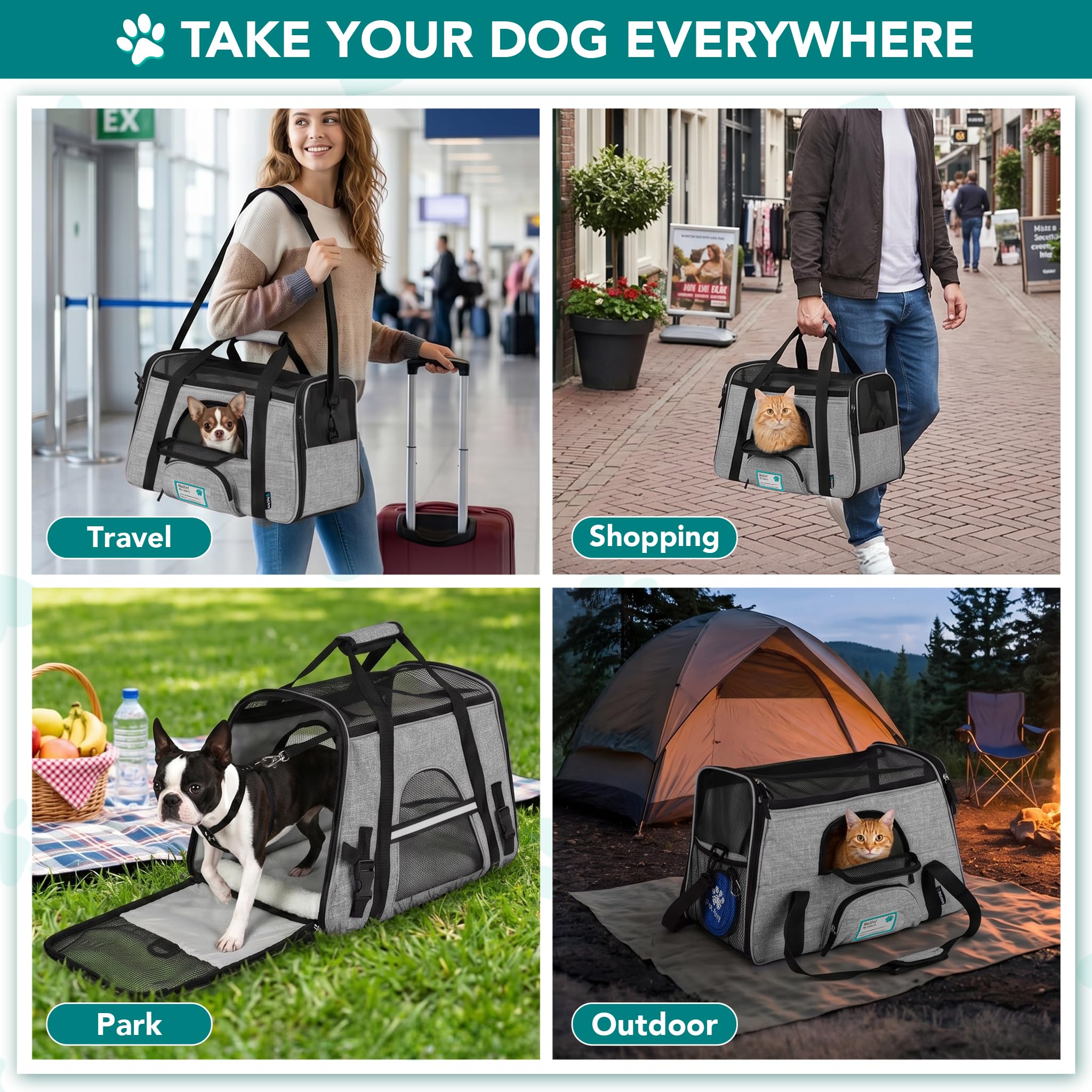 PetAmi Soft Sided Pet Carrier for Cats & Small Dogs, Airline Approved, 17 x 10.2 x 11.2 inches, Heather Gray, Up to 18 lbs