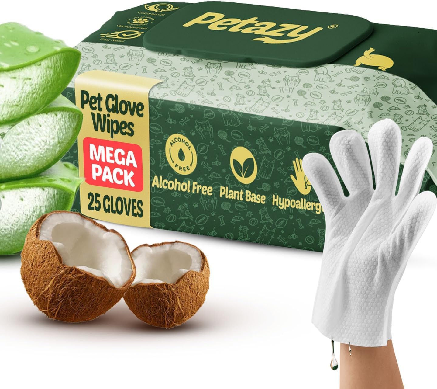Petazy Pet Glove Wipes for Dogs & Cats – Hypoallergenic Thick Cleaning Gloves with Aloe & Coconut Oil, No Rinse, 25 Pack