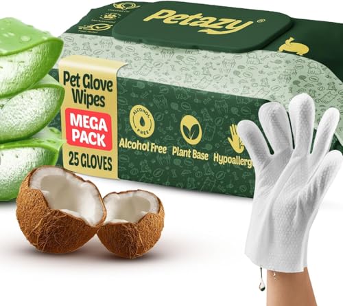 Petazy Pet Glove Wipes for Dogs & Cats – Hypoallergenic Thick Cleaning Gloves with Aloe & Coconut Oil, No Rinse, 25 Pack