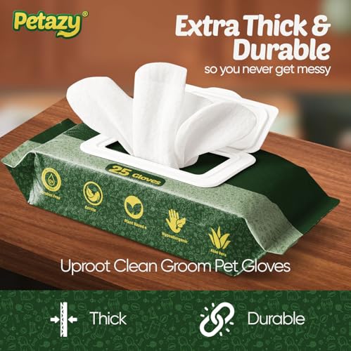 Petazy Pet Glove Wipes for Dogs & Cats – Hypoallergenic Thick Cleaning Gloves with Aloe & Coconut Oil, No Rinse, 25 Pack