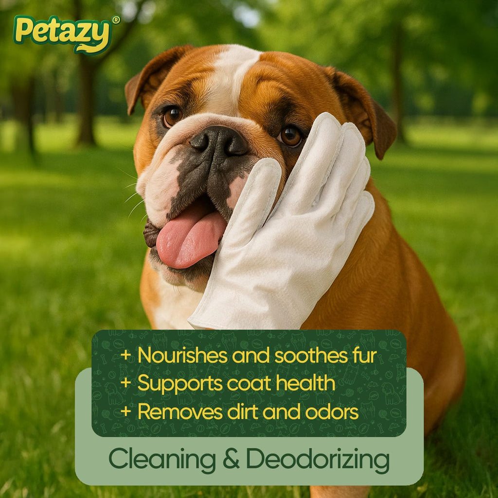 Petazy Pet Glove Wipes for Dogs & Cats – Hypoallergenic Thick Cleaning Gloves with Aloe & Coconut Oil, No Rinse, 25 Pack
