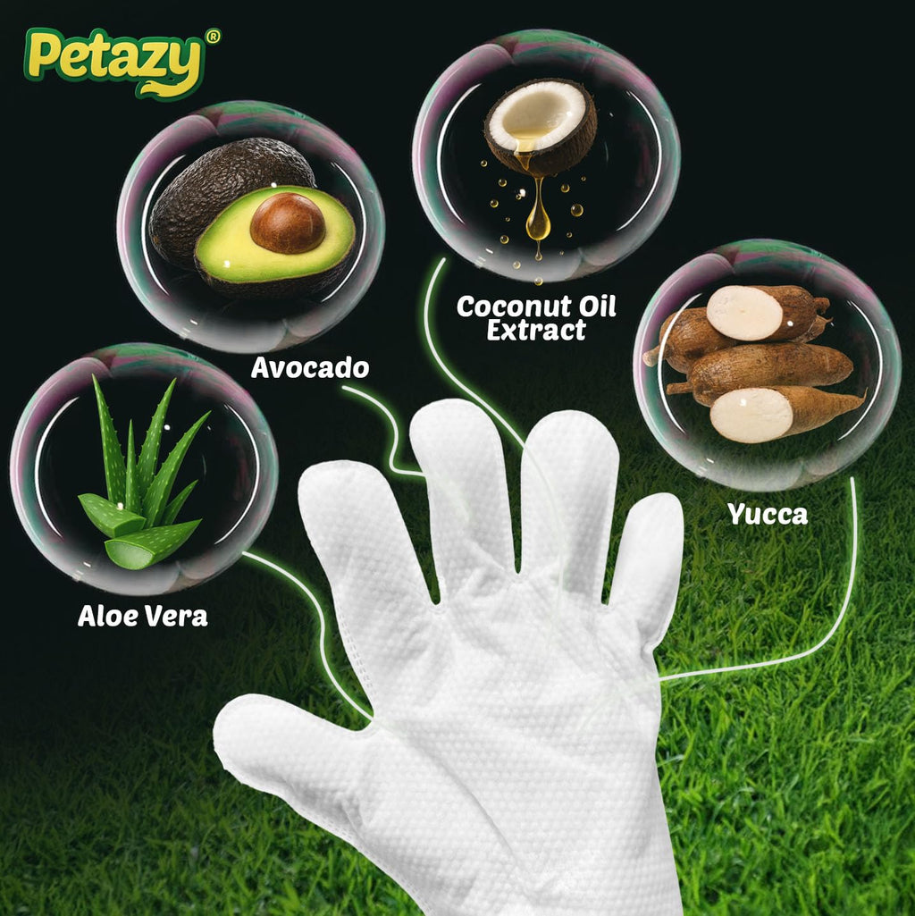 Petazy Pet Glove Wipes for Dogs & Cats – Hypoallergenic Thick Cleaning Gloves with Aloe & Coconut Oil, No Rinse, 25 Pack