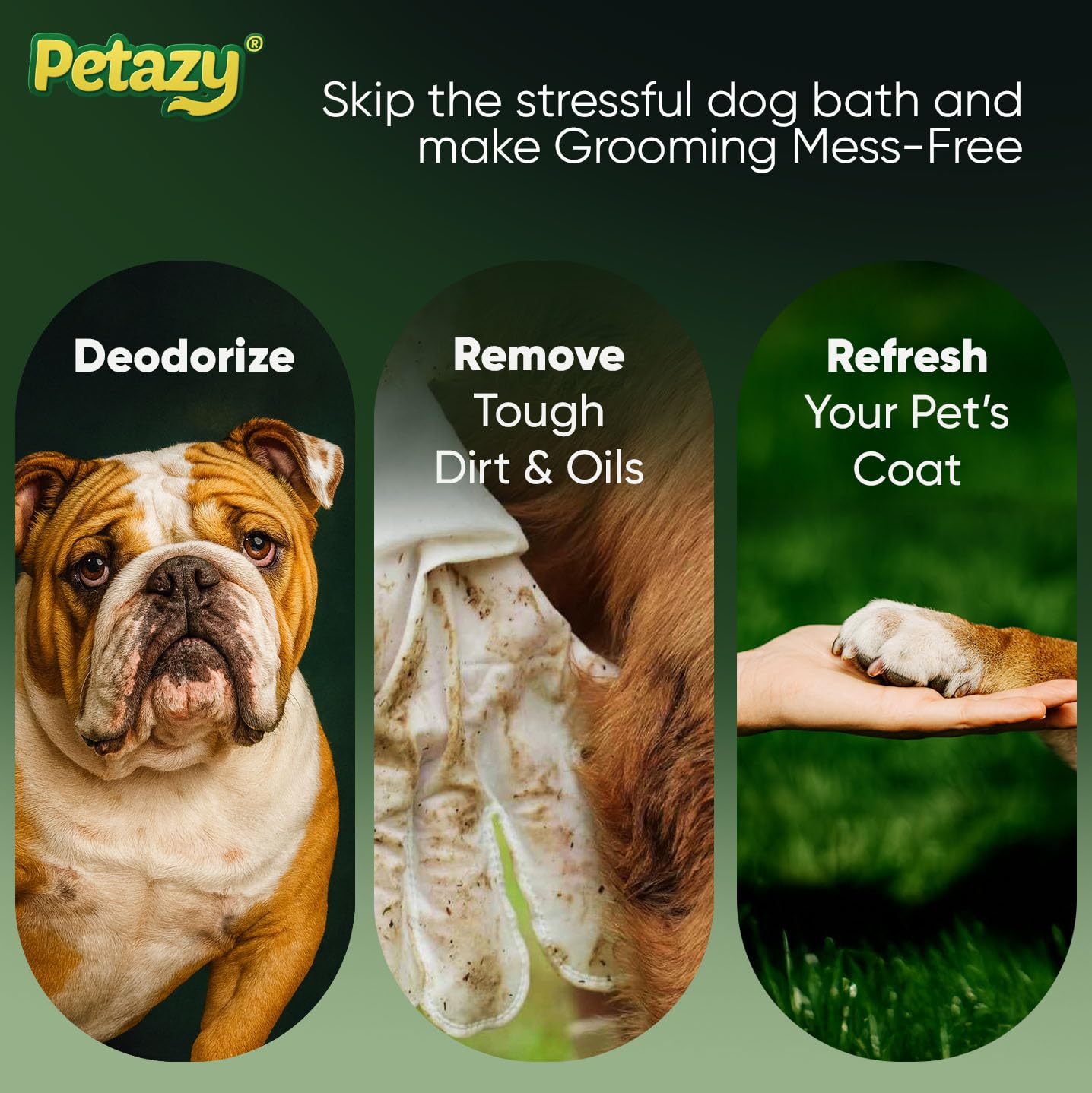 Petazy Pet Glove Wipes for Dogs & Cats – Hypoallergenic Thick Cleaning Gloves with Aloe & Coconut Oil, No Rinse, 25 Pack