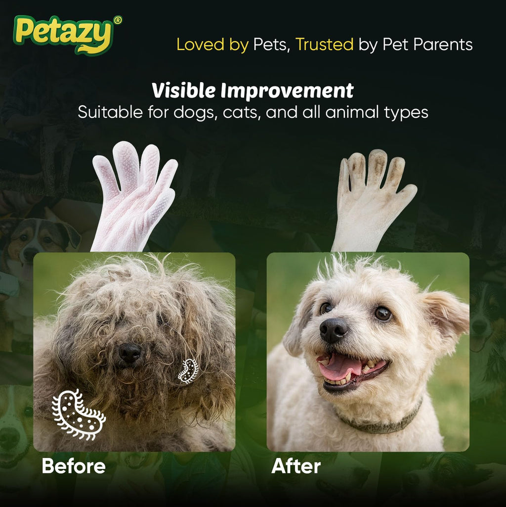 Petazy Pet Glove Wipes for Dogs & Cats – Hypoallergenic Thick Cleaning Gloves with Aloe & Coconut Oil, No Rinse, 25 Pack