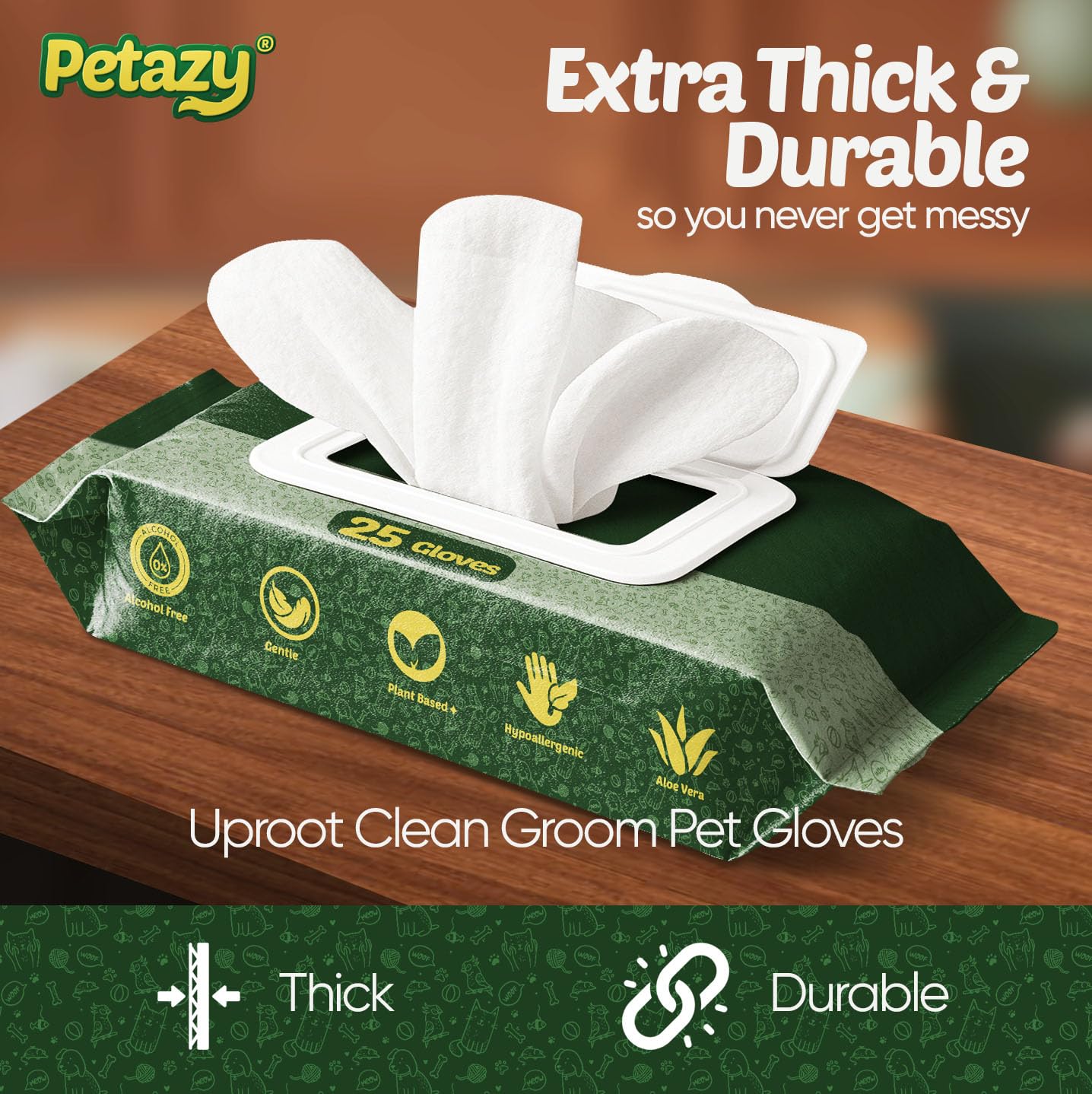 Petazy Pet Glove Wipes for Dogs & Cats – Hypoallergenic Thick Cleaning Gloves with Aloe & Coconut Oil, No Rinse, 25 Pack