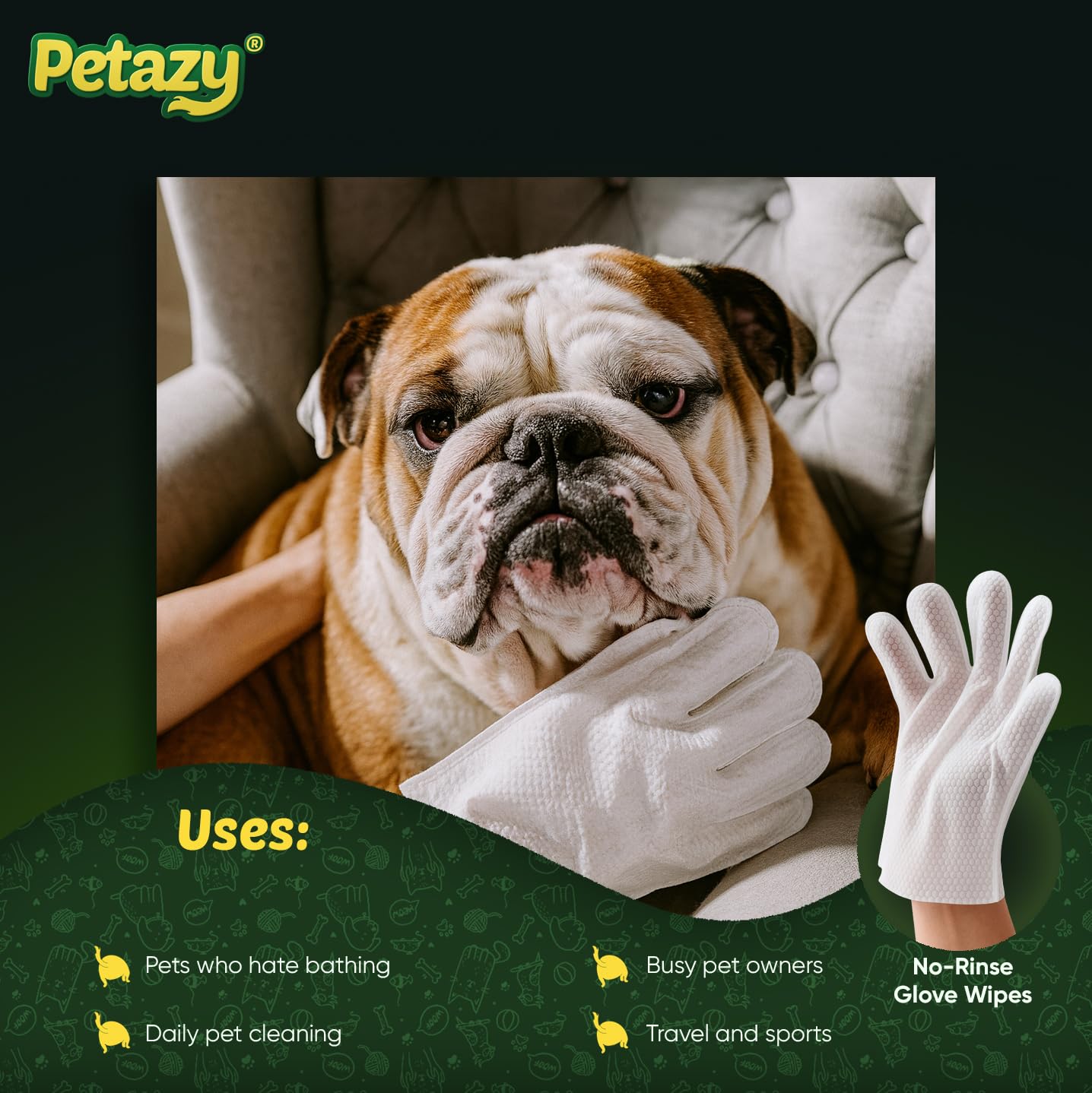Petazy Pet Glove Wipes for Dogs & Cats – Hypoallergenic Thick Cleaning Gloves with Aloe & Coconut Oil, No Rinse, 25 Pack
