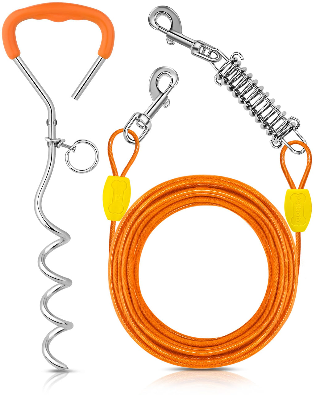 Petbobi 20ft Heavy Duty Dog Tie-Out Cable with 16in Ground Stake, No-Tangle Spring, for Dogs up to 120 lbs, Orange