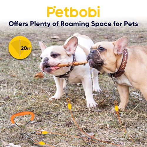 Petbobi 20ft Heavy Duty Dog Tie-Out Cable with 16in Ground Stake, No-Tangle Spring, for Dogs up to 120 lbs, Orange