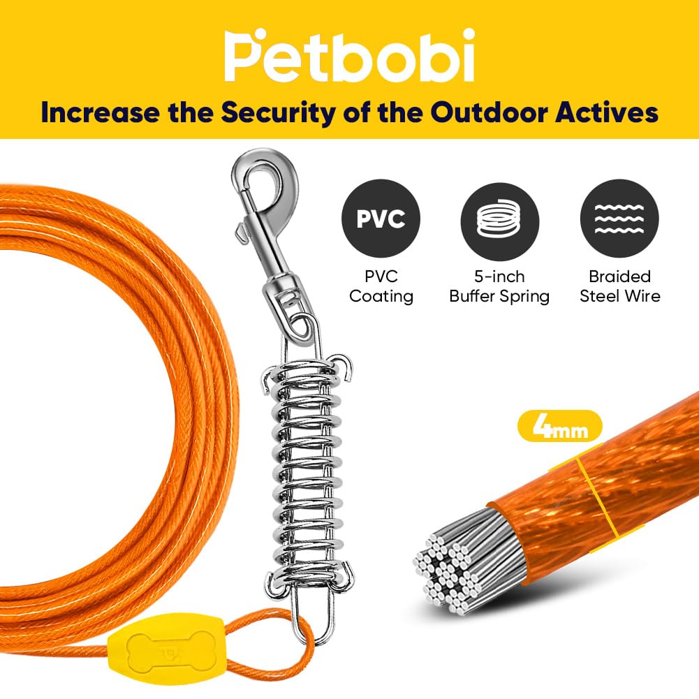 Petbobi 20ft Heavy Duty Dog Tie-Out Cable with 16in Ground Stake, No-Tangle Spring, for Dogs up to 120 lbs, Orange