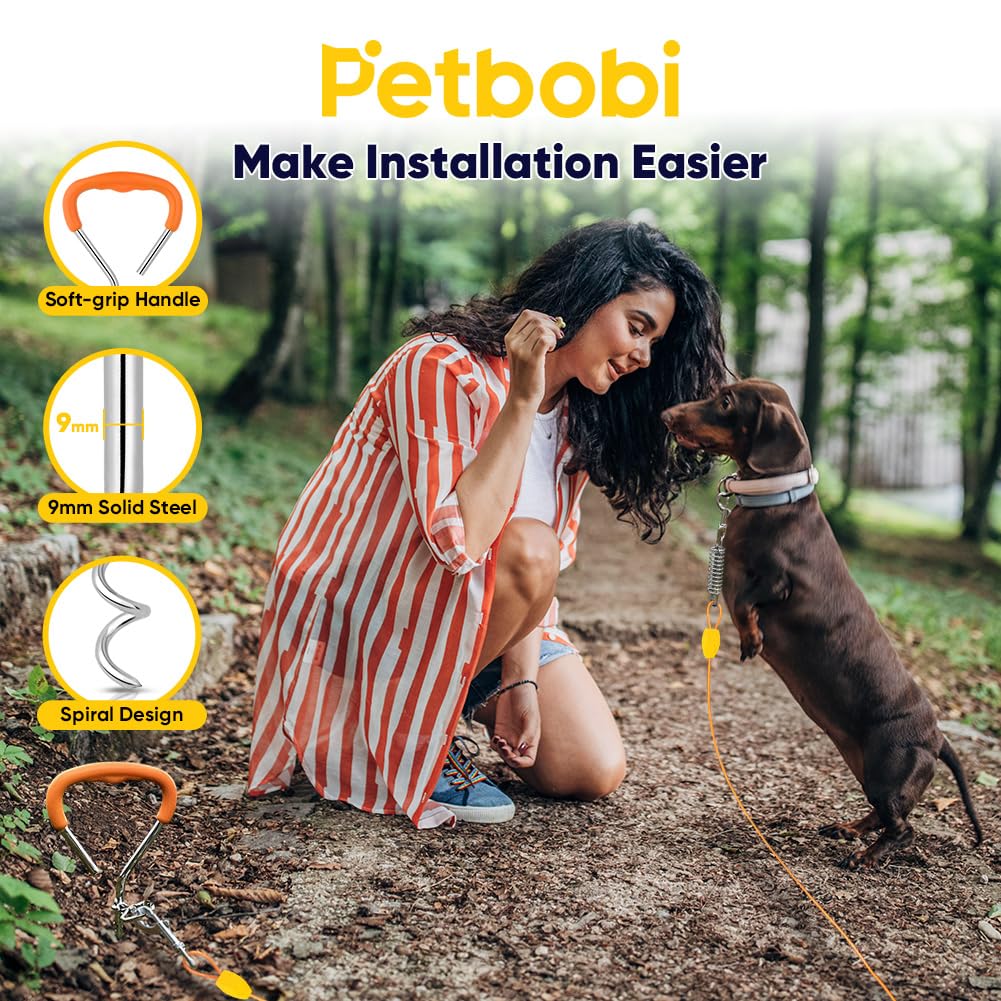 Petbobi 20ft Heavy Duty Dog Tie-Out Cable with 16in Ground Stake, No-Tangle Spring, for Dogs up to 120 lbs, Orange