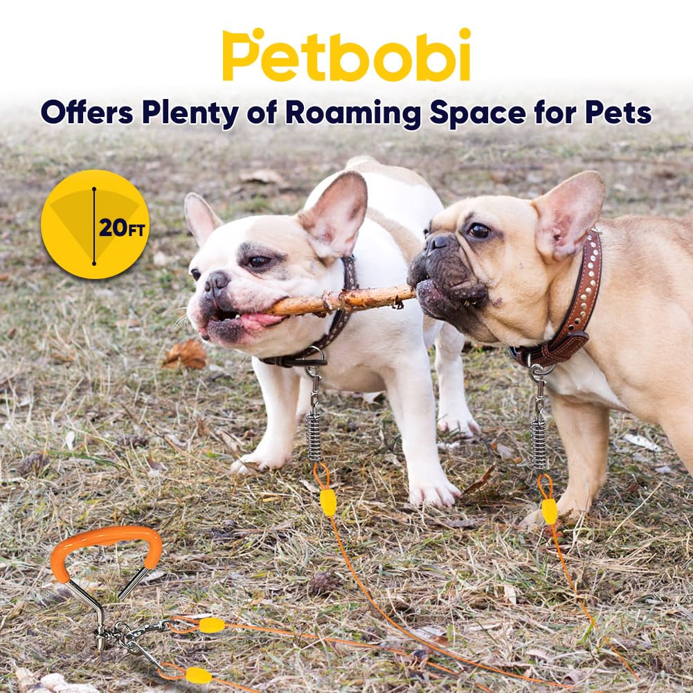 Petbobi 20ft Heavy Duty Dog Tie-Out Cable with 16in Ground Stake, No-Tangle Spring, for Dogs up to 120 lbs, Orange