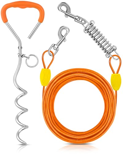 Petbobi 20ft Heavy Duty Dog Tie-Out Cable with 16in Ground Stake, No-Tangle Spring, for Dogs up to 120 lbs, Orange