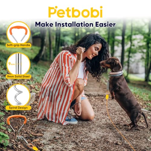 Petbobi 20ft Heavy Duty Dog Tie-Out Cable with 16in Ground Stake, No-Tangle Spring, for Dogs up to 120 lbs, Orange