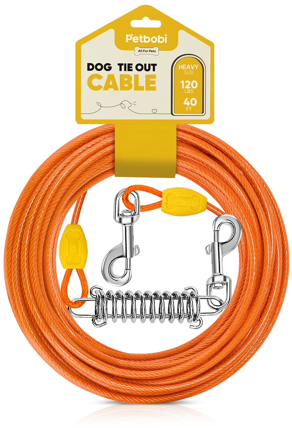 Petbobi 40ft Dog Tie-Out Cable with Shock-Absorbing Spring and 360° Swivel Clips - Orange