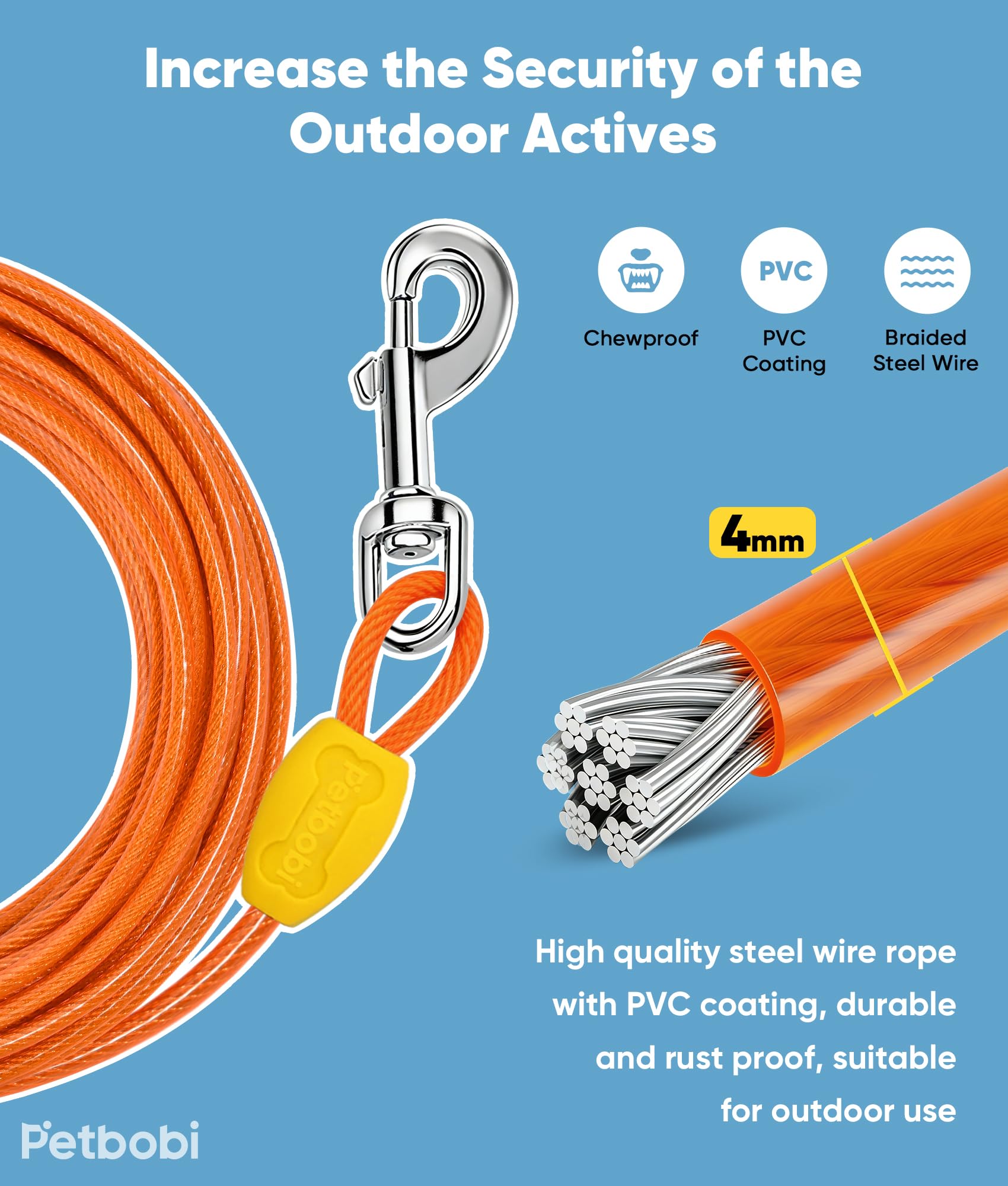 Petbobi 40ft Dog Tie-Out Cable with Shock-Absorbing Spring and 360° Swivel Clips - Orange