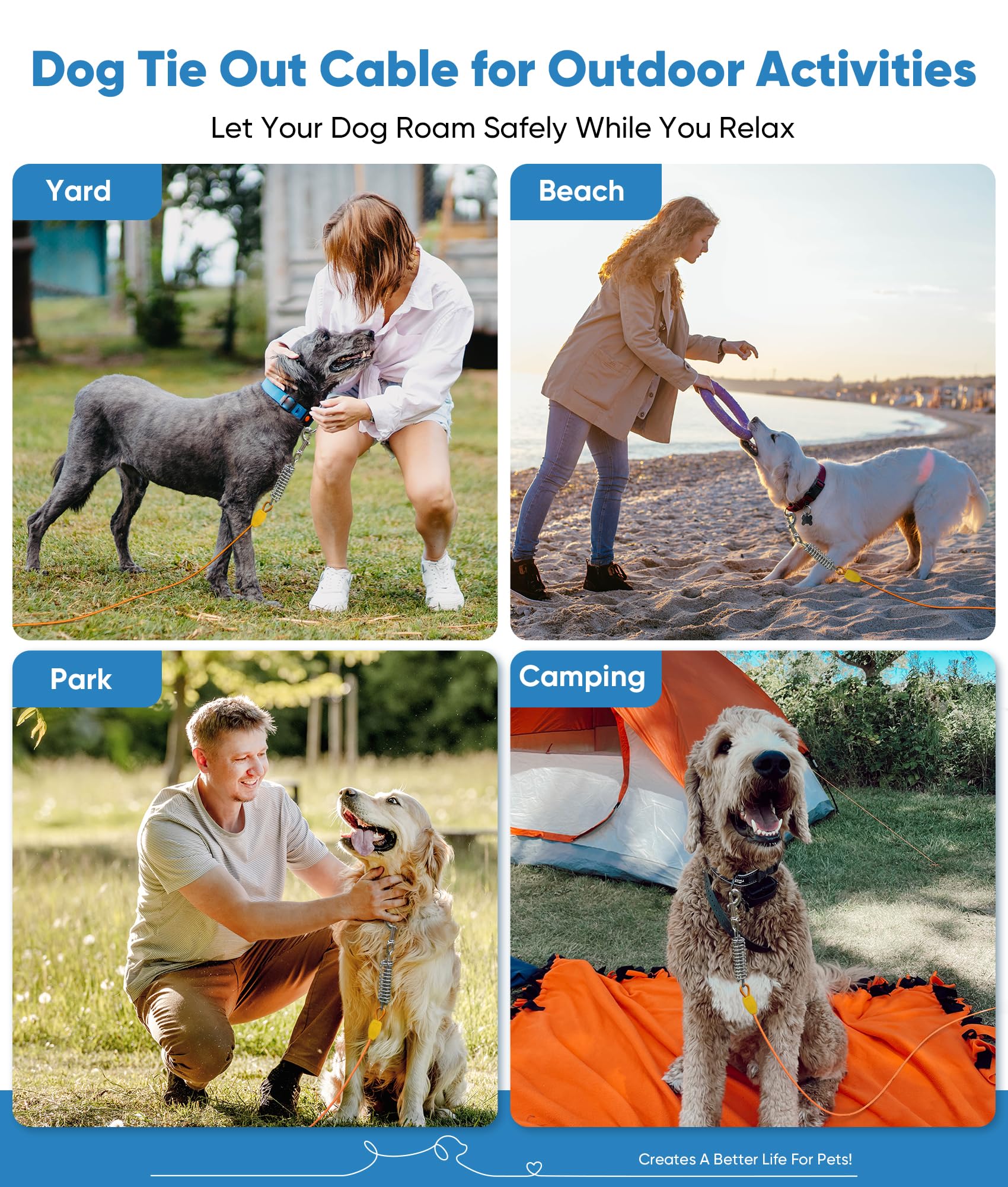Petbobi 40ft Dog Tie-Out Cable with Shock-Absorbing Spring and 360° Swivel Clips - Orange