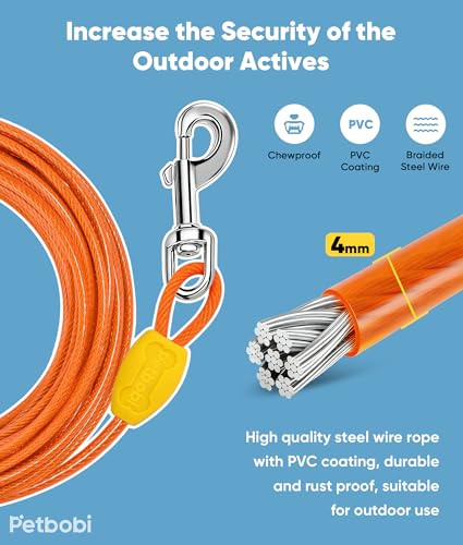 Petbobi 40ft Dog Tie-Out Cable with Shock-Absorbing Spring and 360° Swivel Clips - Orange