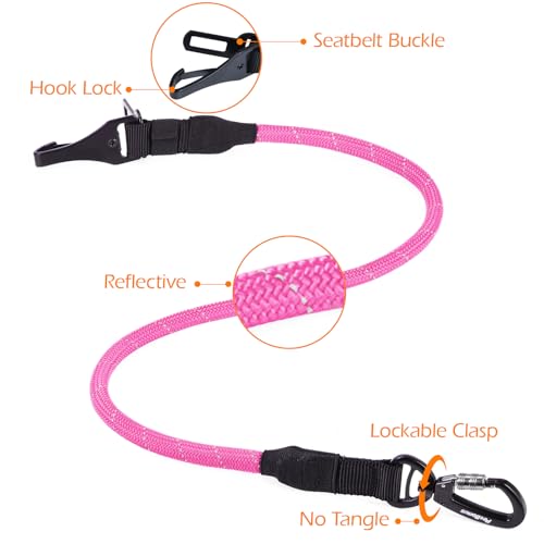 PetBonus Dog Seat Belt for Car - 38" Durable Nylon Rope Tether with Lockable Clip, Reflective Strip, 200 lbs Capacity, Pink