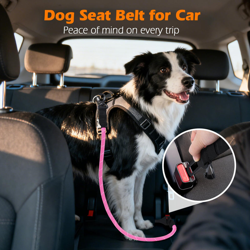PetBonus Dog Seat Belt for Car - 38" Durable Nylon Rope Tether with Lockable Clip, Reflective Strip, 200 lbs Capacity, Pink