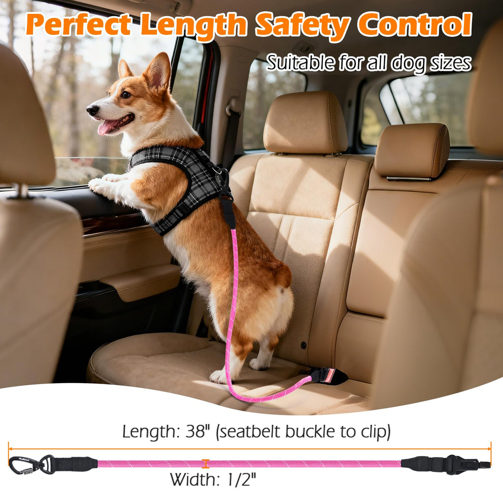 PetBonus Dog Seat Belt for Car - 38" Durable Nylon Rope Tether with Lockable Clip, Reflective Strip, 200 lbs Capacity, Pink