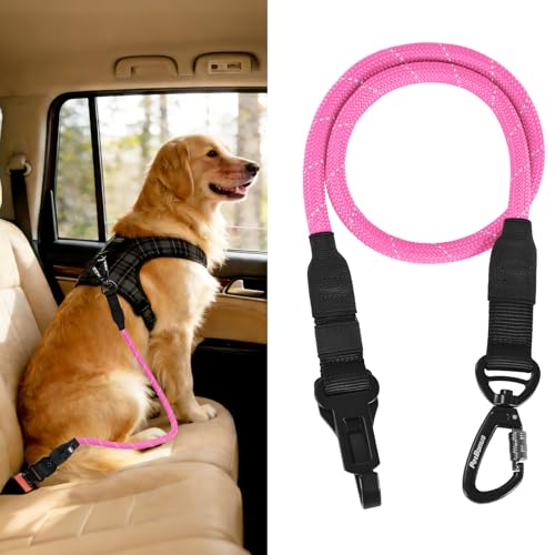 PetBonus Dog Seat Belt for Car - 38" Durable Nylon Rope Tether with Lockable Clip, Reflective Strip, 200 lbs Capacity, Pink