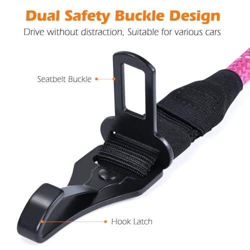 PetBonus Dog Seat Belt for Car - 38" Durable Nylon Rope Tether with Lockable Clip, Reflective Strip, 200 lbs Capacity, Pink