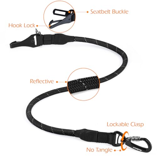 PetBonus Dog Seat Belt for Car - 38-Inch Nylon Tether with Lockable Carabiner, 360° Swivel, Reflective, Supports Up to 200 lbs (Black)