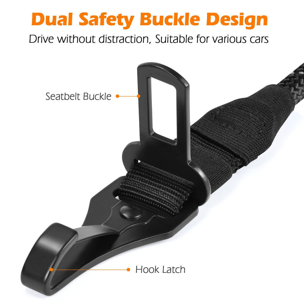 PetBonus Dog Seat Belt for Car - 38-Inch Nylon Tether with Lockable Carabiner, 360° Swivel, Reflective, Supports Up to 200 lbs (Black)