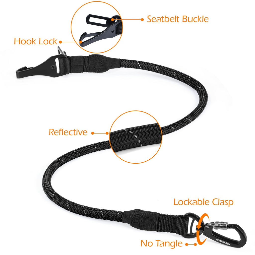 PetBonus Dog Seat Belt for Car - 38-Inch Nylon Tether with Lockable Carabiner, 360° Swivel, Reflective, Supports Up to 200 lbs (Black)