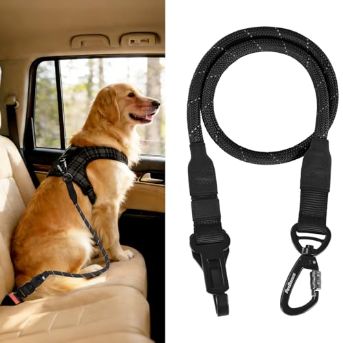 PetBonus Dog Seat Belt for Car - 38-Inch Nylon Tether with Lockable Carabiner, 360° Swivel, Reflective, Supports Up to 200 lbs (Black)