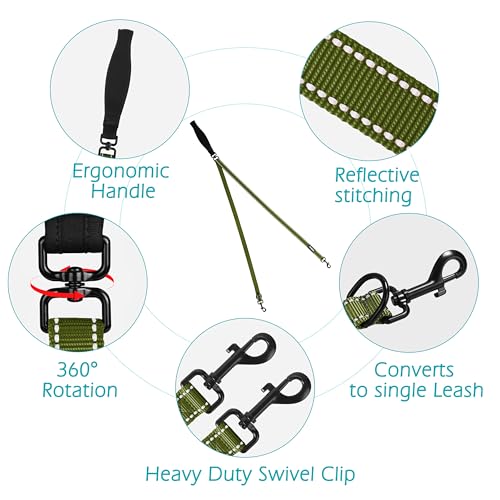 PetBonus Two Point Control Dog Leash 4ft - Khaki Green, No Pull Training Leash with Reflective Stitching