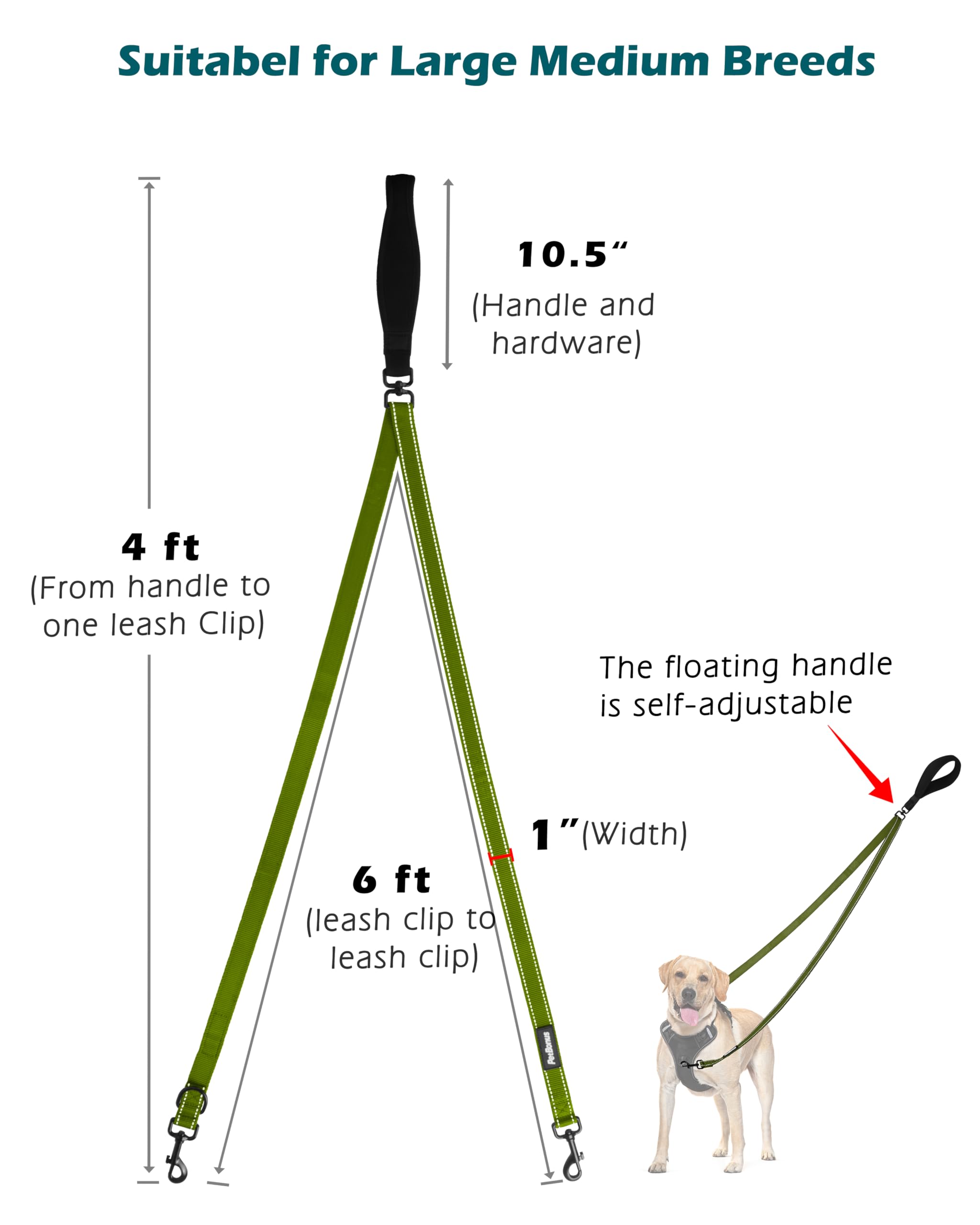 PetBonus Two Point Control Dog Leash 4ft - Khaki Green, No Pull Training Leash with Reflective Stitching