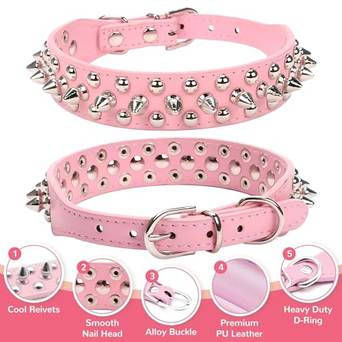 Petcare Pink Spiked Dog Collar – Adjustable PU Leather with Rivets for Small to Large Dogs and Cats
