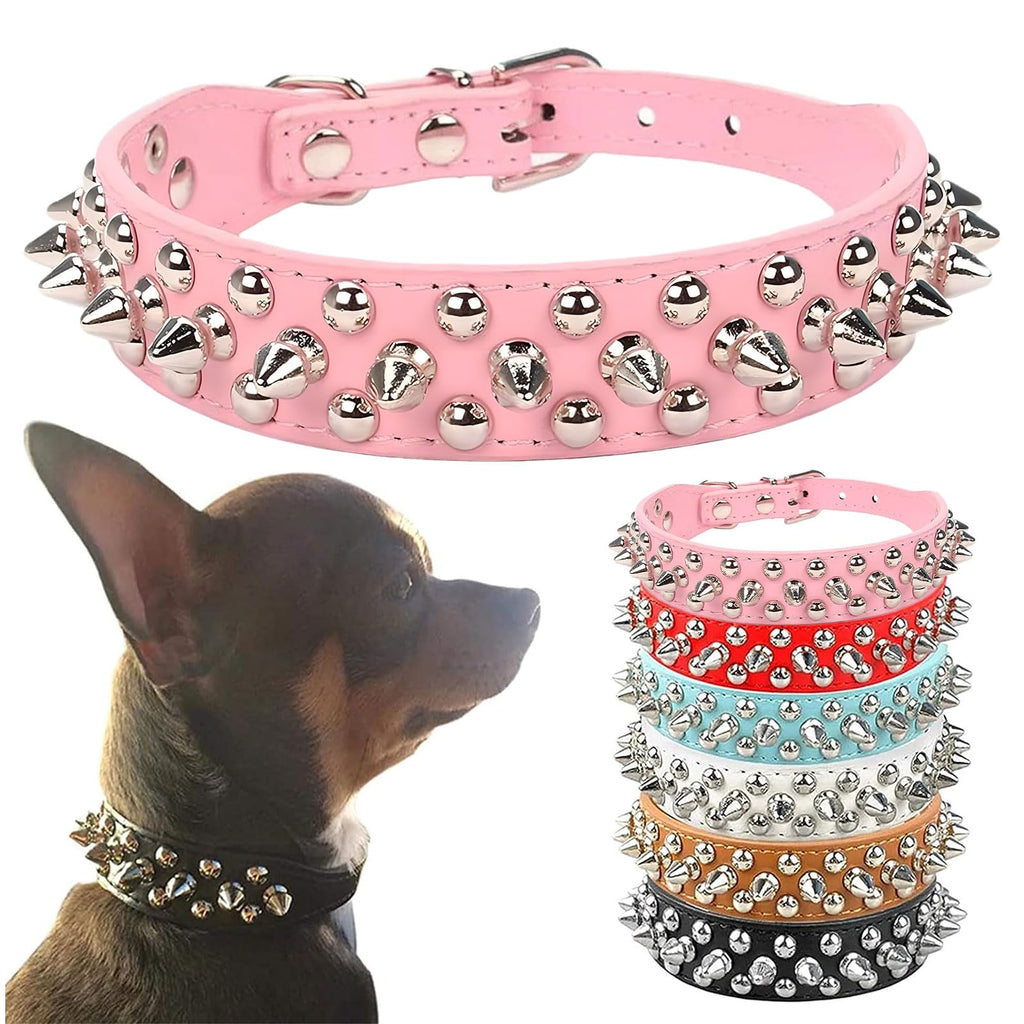 Petcare Pink Spiked Dog Collar – Adjustable PU Leather with Rivets for Small to Large Dogs and Cats