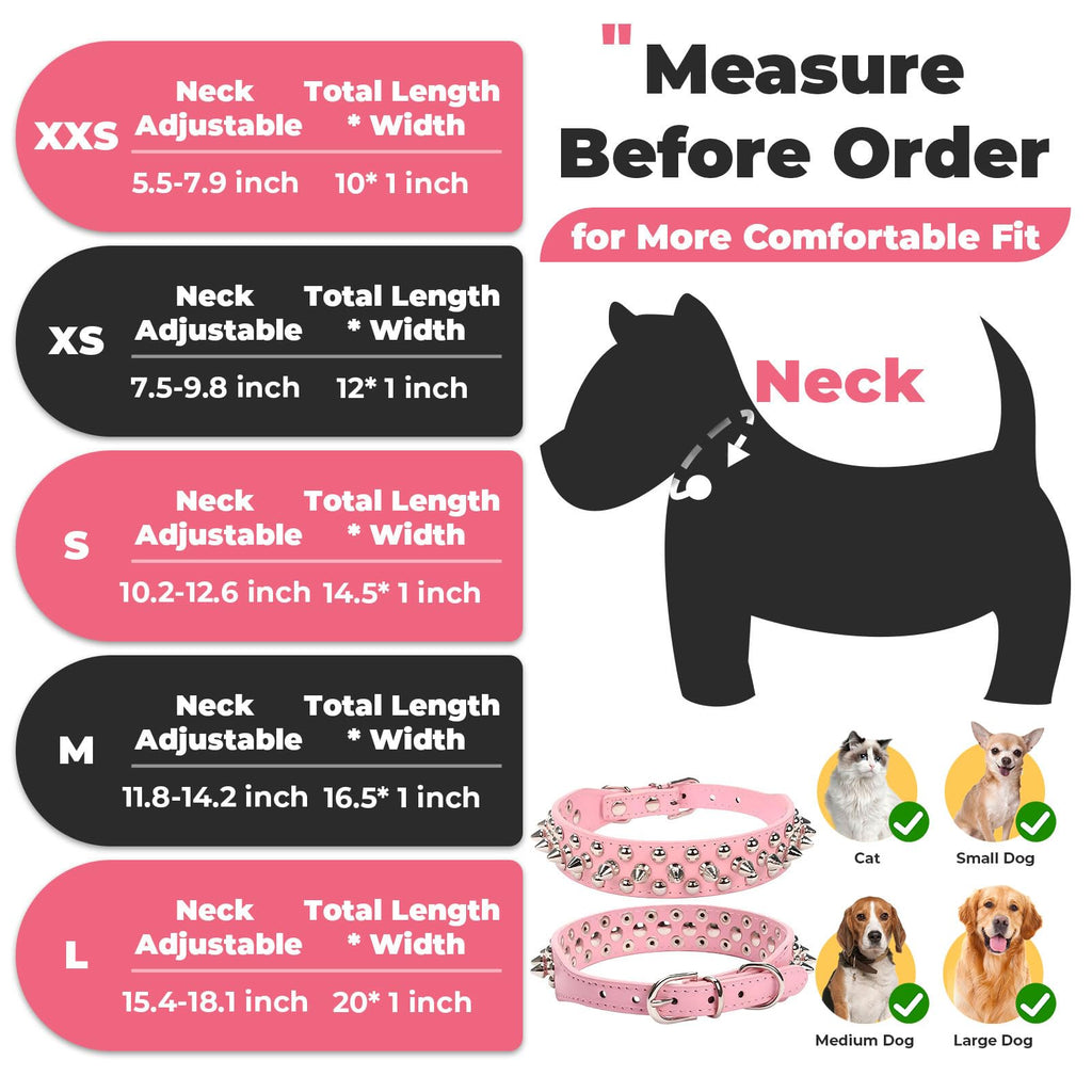 Petcare Pink Spiked Dog Collar – Adjustable PU Leather with Rivets for Small to Large Dogs and Cats