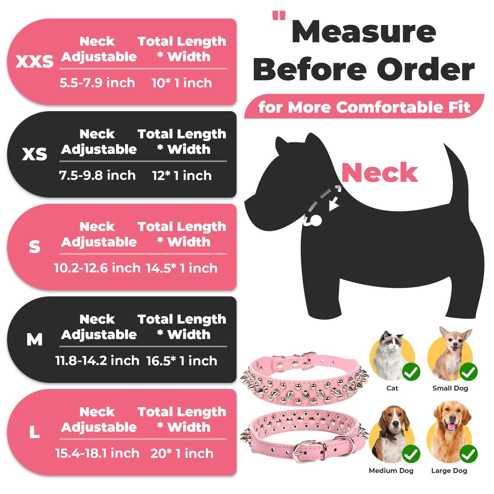 Petcare Pink Spiked Dog Collar – Adjustable PU Leather with Rivets for Small to Large Dogs and Cats