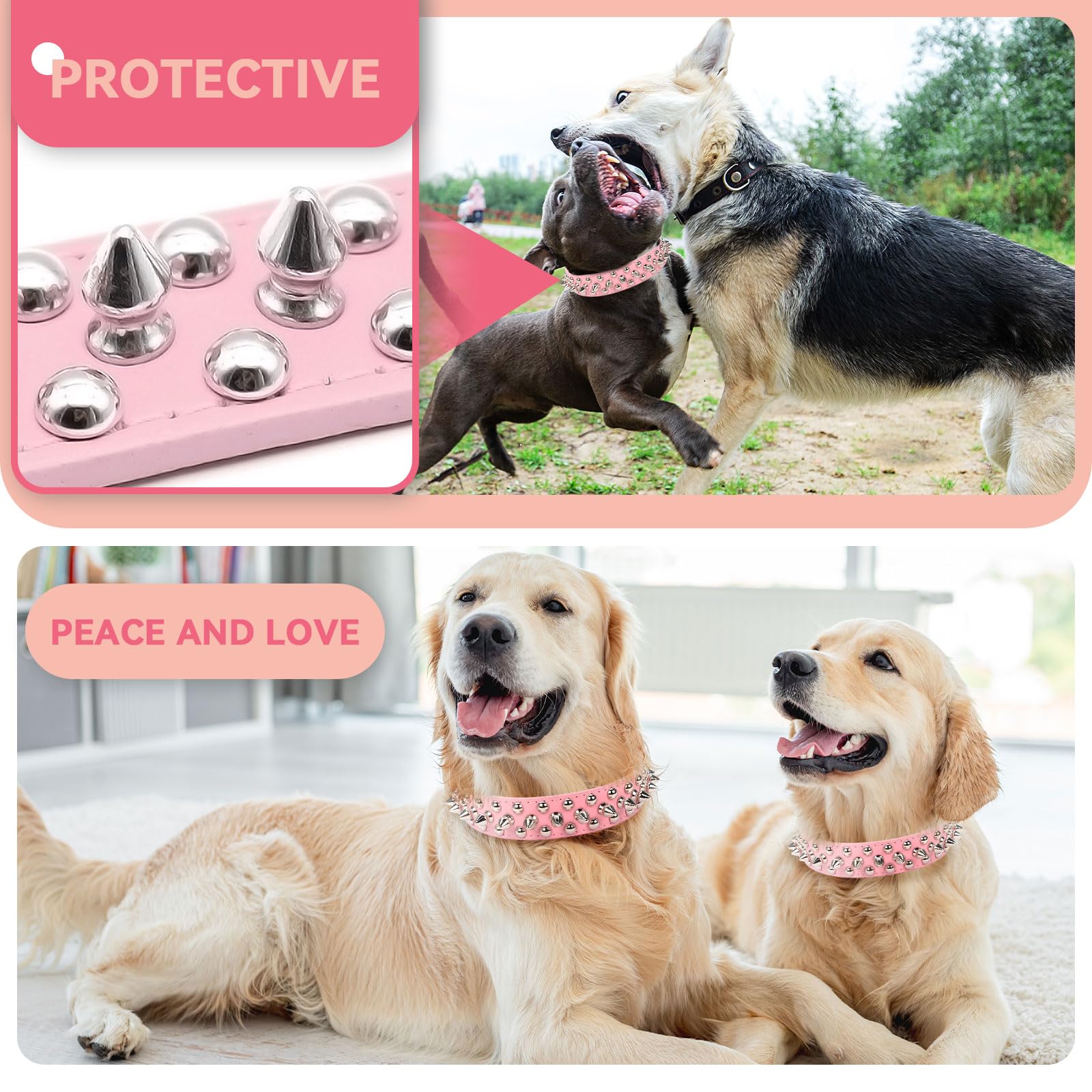 Petcare Pink Spiked Dog Collar – Adjustable PU Leather with Rivets for Small to Large Dogs and Cats