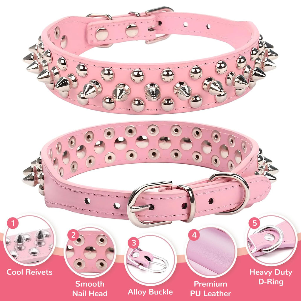 Petcare Pink Spiked Dog Collar – Adjustable PU Leather with Rivets for Small to Large Dogs and Cats