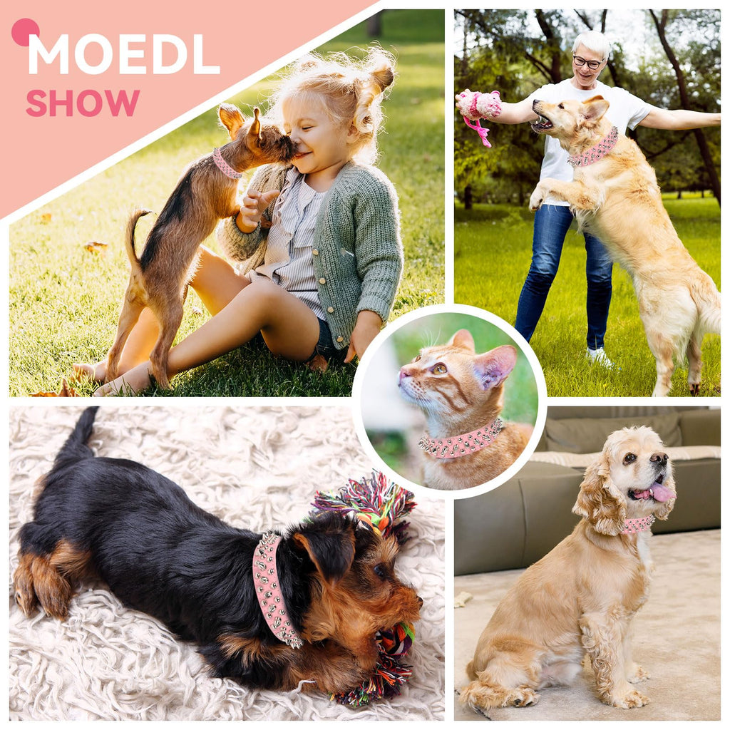 Petcare Pink Spiked Dog Collar – Adjustable PU Leather with Rivets for Small to Large Dogs and Cats