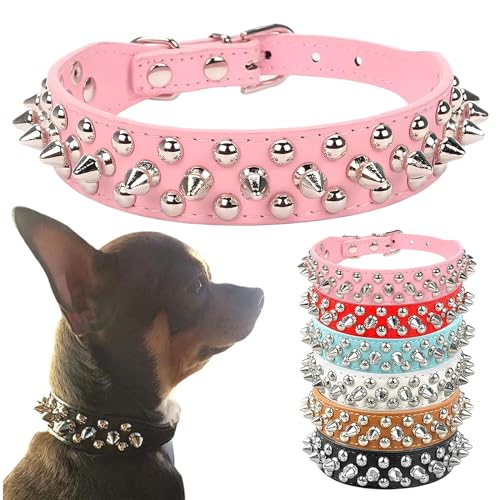 Petcare Pink Spiked Dog Collar – Adjustable PU Leather with Rivets for Small to Large Dogs and Cats