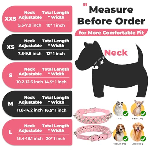 Petcare Pink Spiked Dog Collar – Adjustable PU Leather with Rivets for Small to Large Dogs and Cats