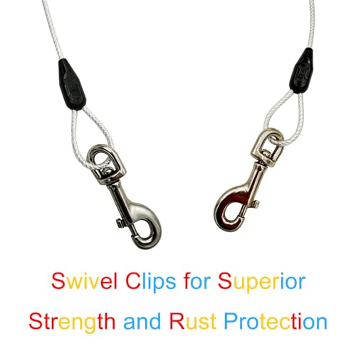 Petest 15ft Reflective Tie-Out Cable for Dogs Up to 125 lbs – Steel Cable with Swivel Clips