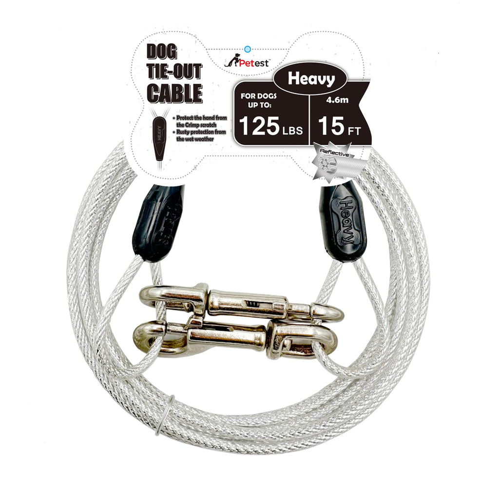 Petest 15ft Reflective Tie-Out Cable for Dogs Up to 125 lbs – Steel Cable with Swivel Clips