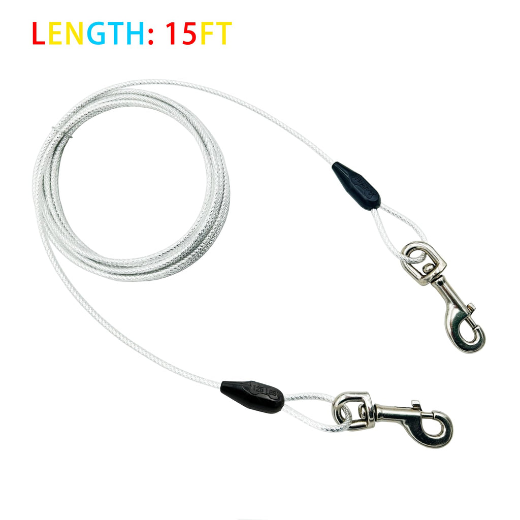 Petest 15ft Reflective Tie-Out Cable for Dogs Up to 125 lbs – Steel Cable with Swivel Clips