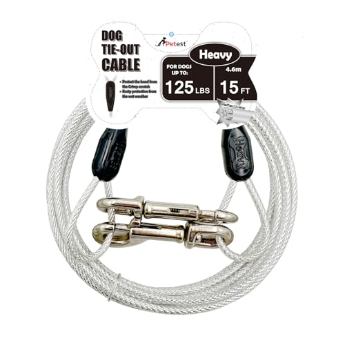 Petest 15ft Reflective Tie-Out Cable for Dogs Up to 125 lbs – Steel Cable with Swivel Clips