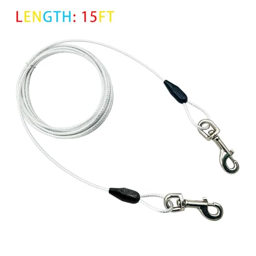 Petest 15ft Reflective Tie-Out Cable for Dogs Up to 125 lbs – Steel Cable with Swivel Clips