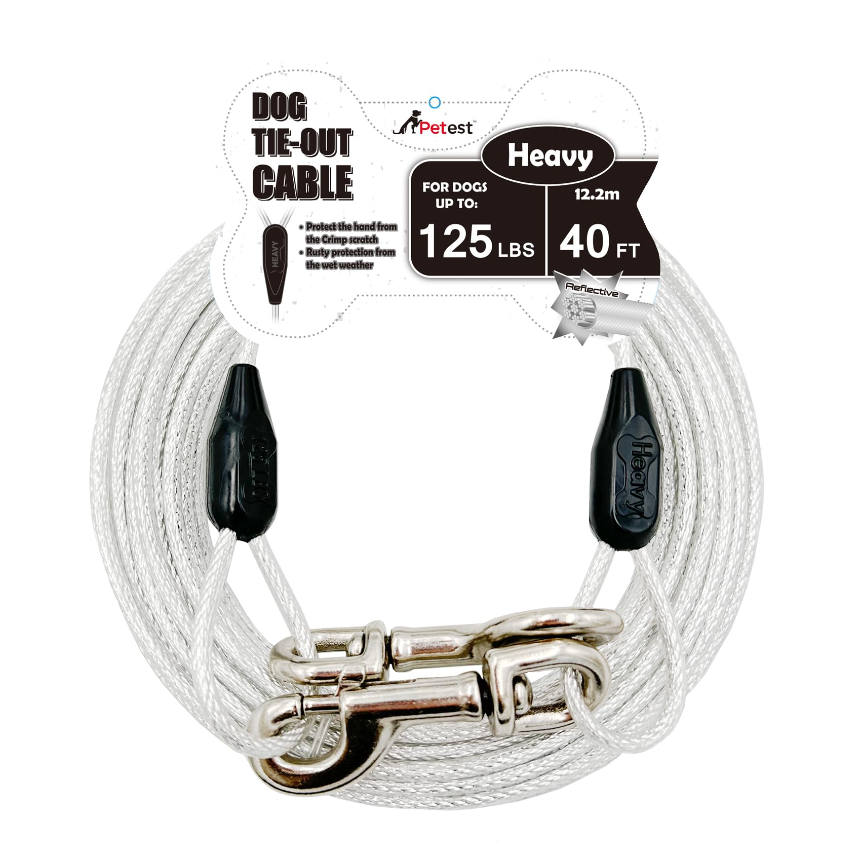 Petest 40ft Reflective Tie-Out Cable for Heavy Dogs Up to 125 lbs - Steel & Anti-Rust