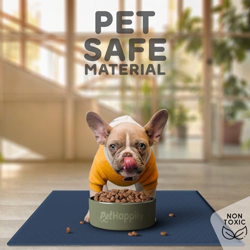 PETHAPPILY Dog Food Mat 24x15 - Waterproof Silicone Feeding Mat with Raised Edges, Non-Slip Pet Bowl Mat for Dogs and Cats, Denim Gray
